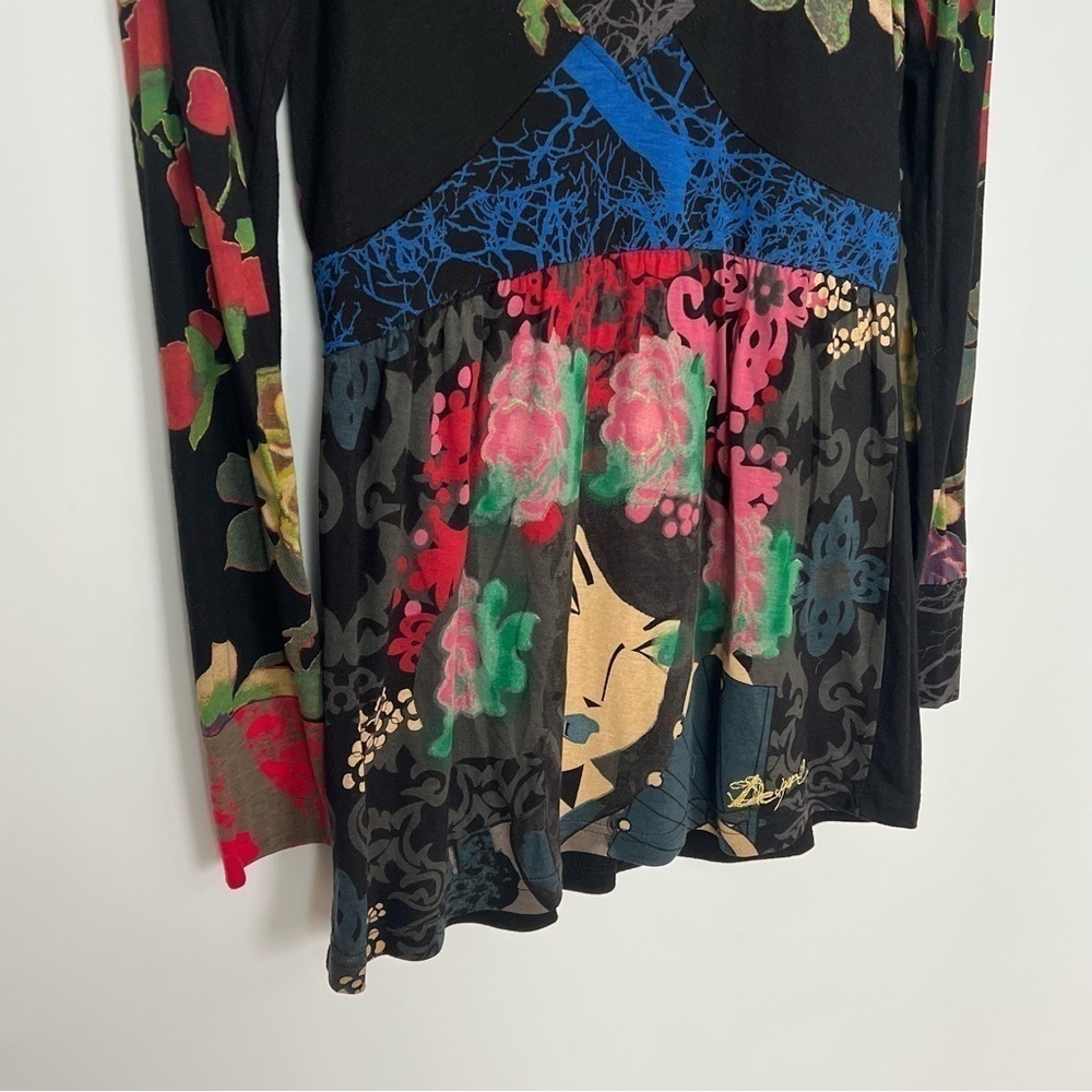DESIGUAL V Neck Embroidered Multi Print Top Long Sleeve Small - Picture 4 of 12